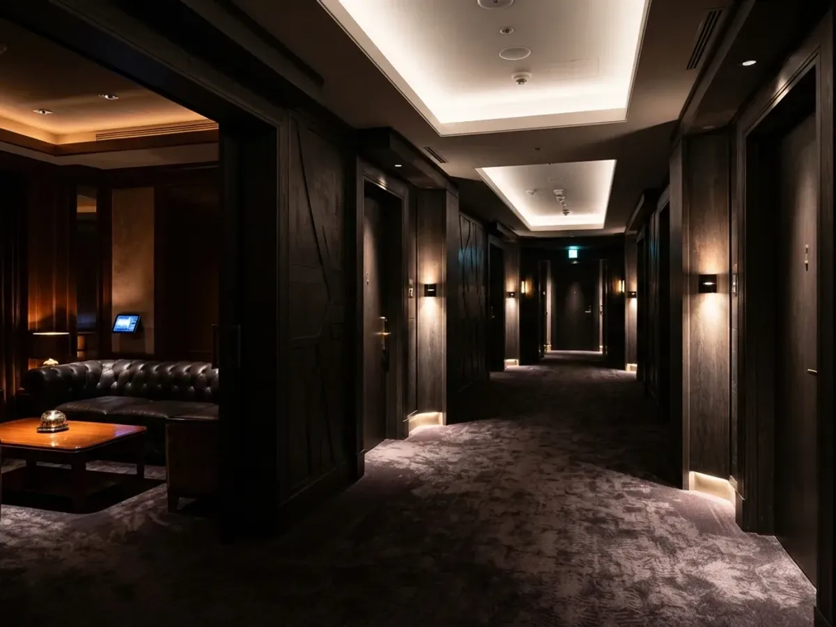 고급스러운 복도 양옆으로 은은한 조명이 비치는 조용한 프라이빗 룸 출입문 전경